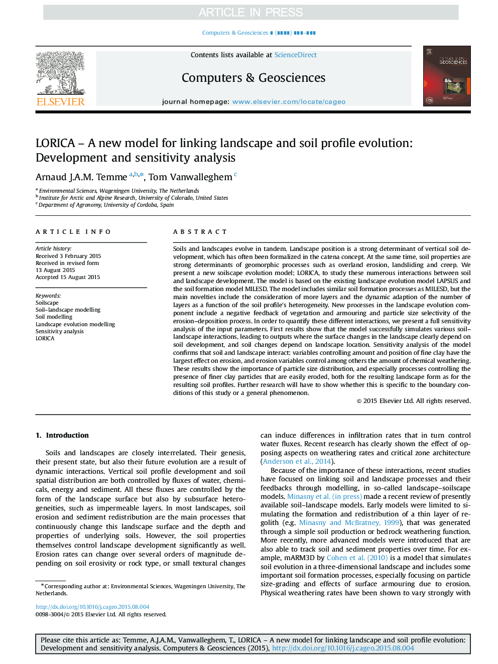 LORICA - A new model for linking landscape and soil profile evolution: Development and sensitivity analysis