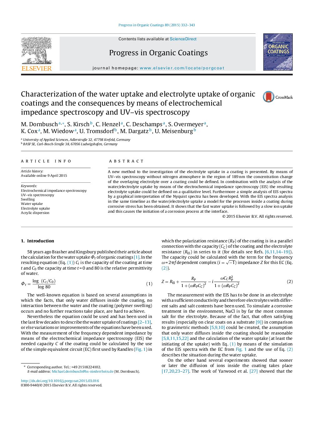 Characterization of the water uptake and electrolyte uptake of organic coatings and the consequences by means of electrochemical impedance spectroscopy and UV–vis spectroscopy