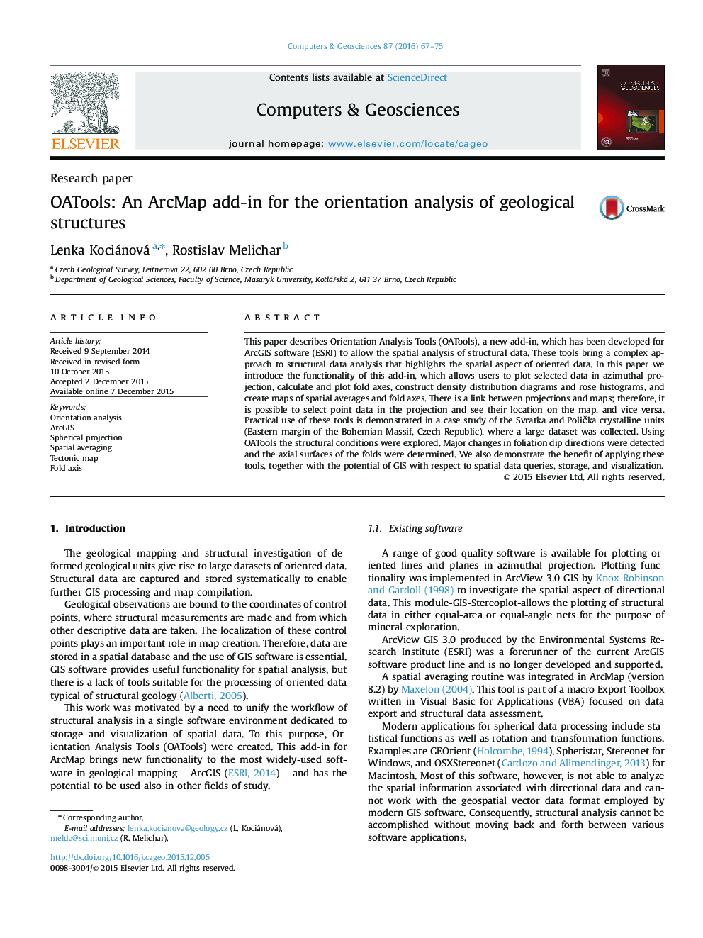 OATools: An ArcMap add-in for the orientation analysis of geological structures