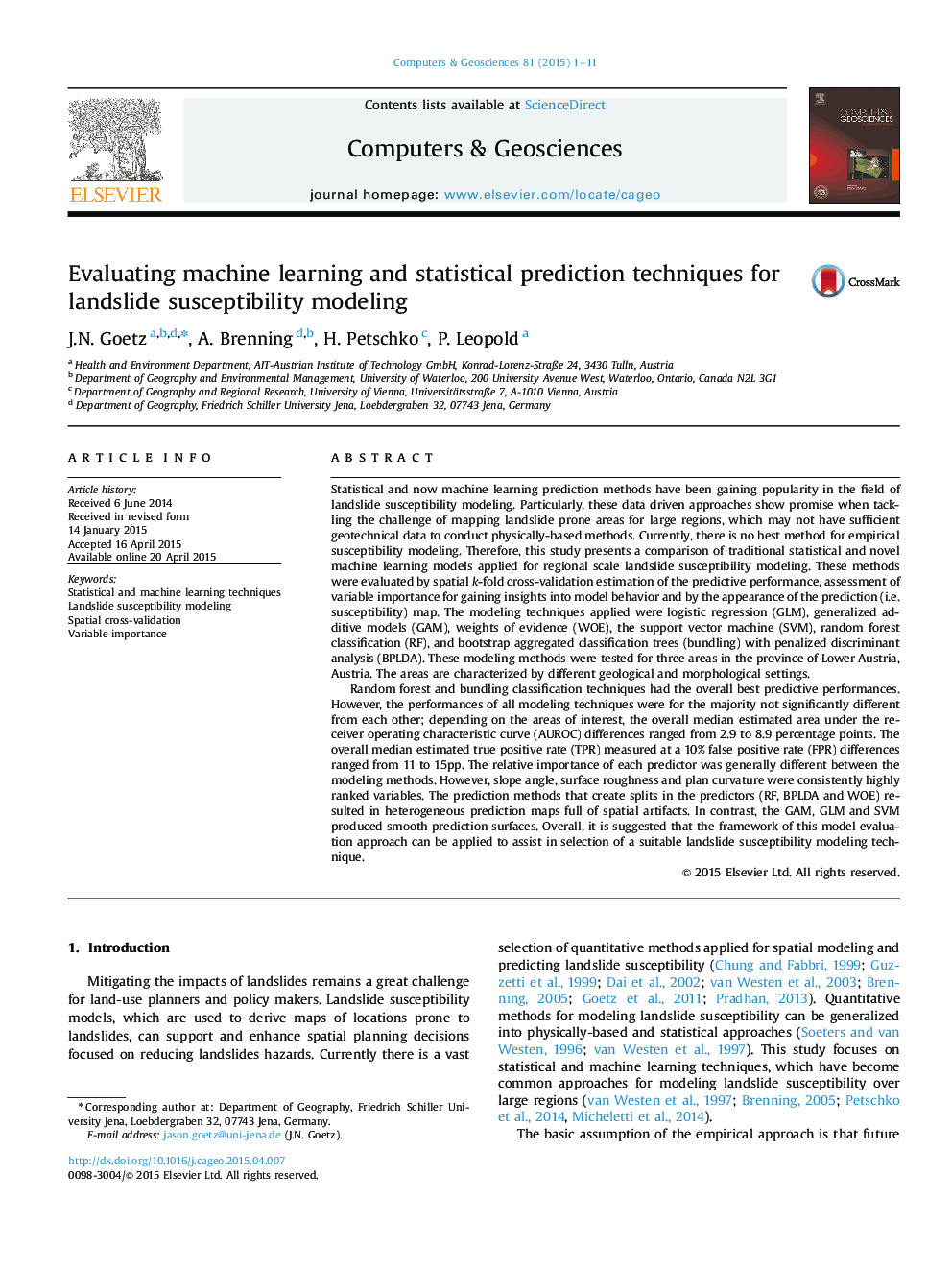 Evaluating machine learning and statistical prediction techniques for landslide susceptibility modeling