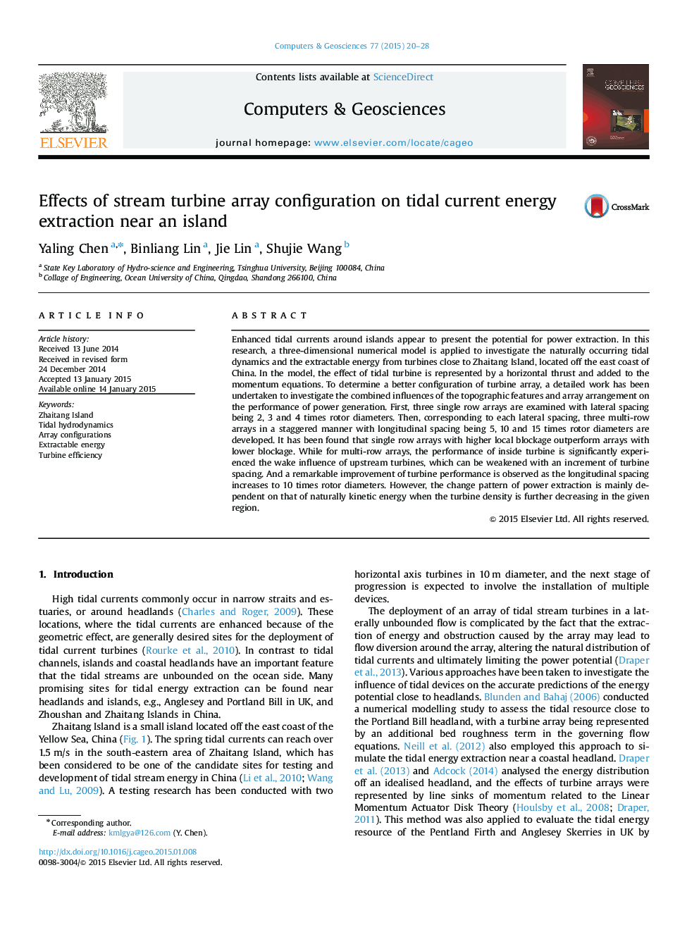 Effects of stream turbine array configuration on tidal current energy extraction near an island