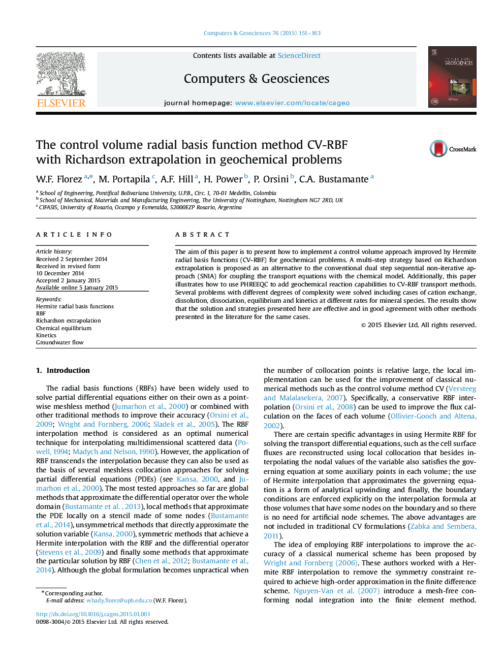 The control volume radial basis function method CV-RBF with Richardson extrapolation in geochemical problems