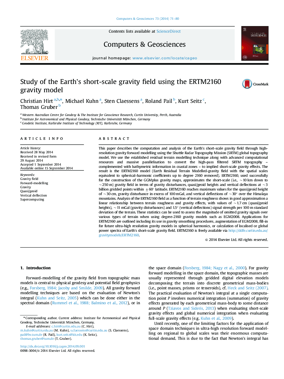 Study of the Earth×³s short-scale gravity field using the ERTM2160 gravity model