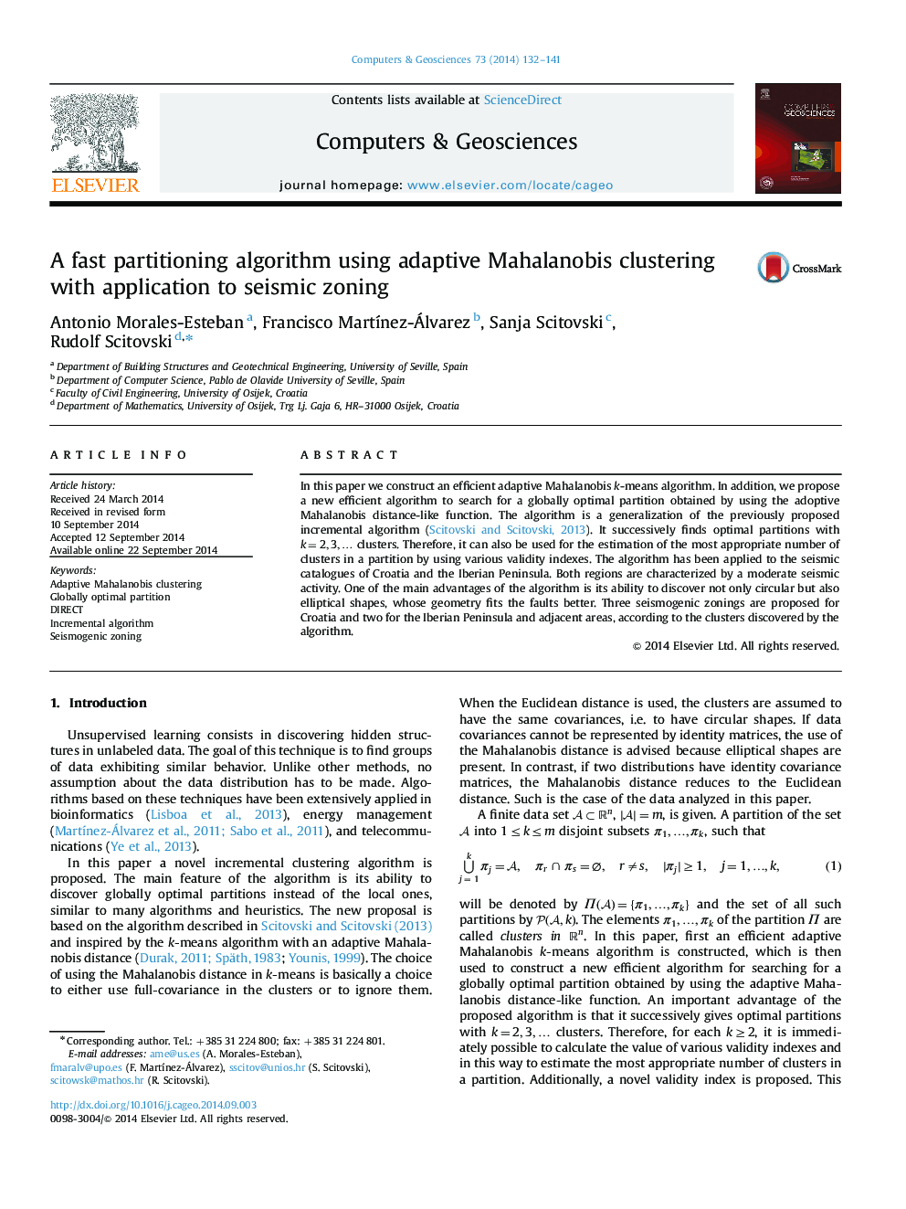 A fast partitioning algorithm using adaptive Mahalanobis clustering with application to seismic zoning