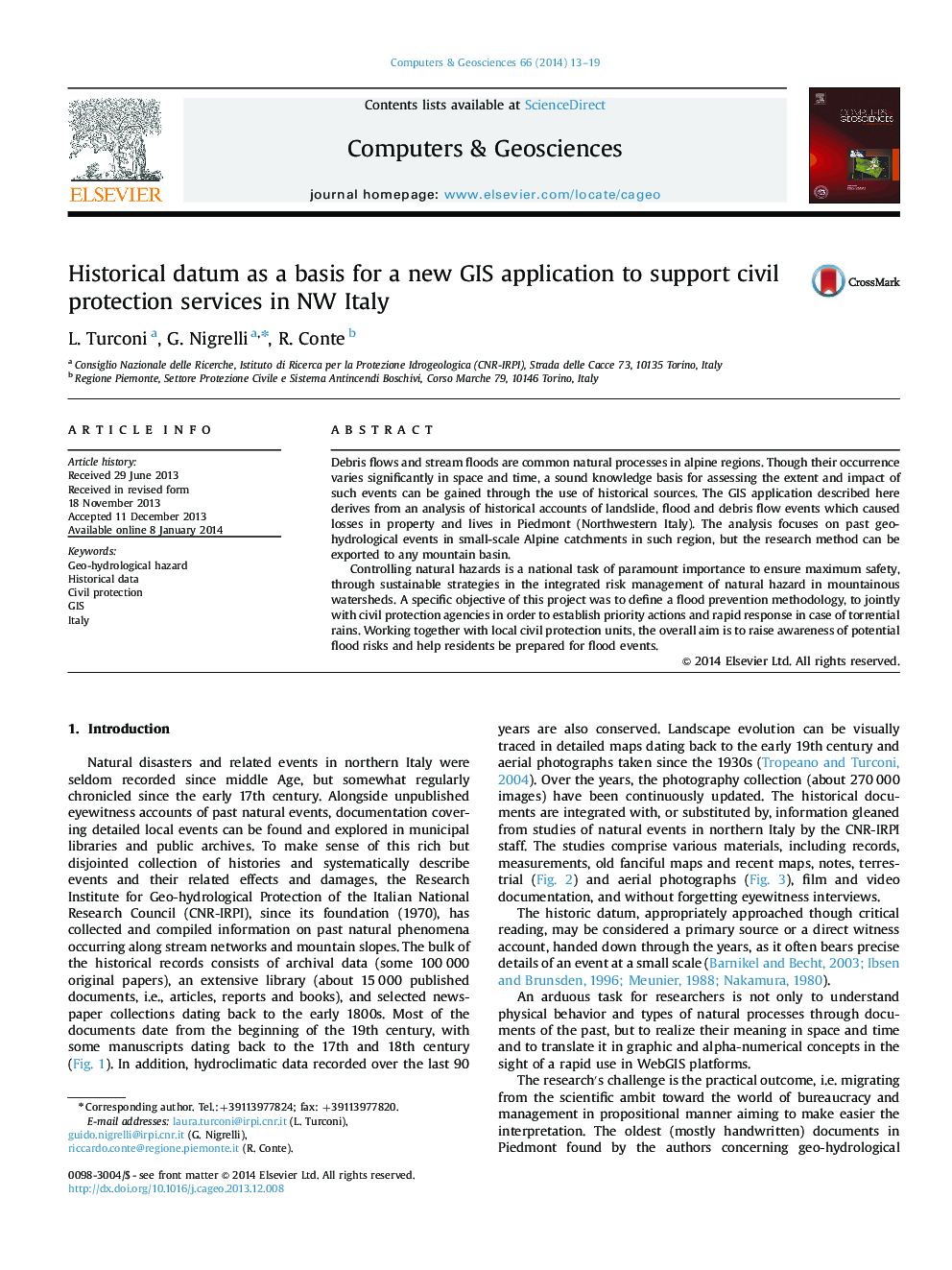 Historical datum as a basis for a new GIS application to support civil protection services in NW Italy