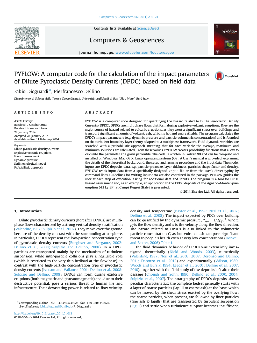 PYFLOW: A computer code for the calculation of the impact parameters of Dilute Pyroclastic Density Currents (DPDC) based on field data