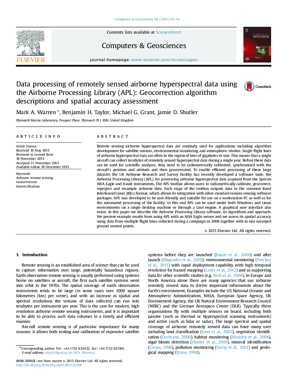 Data processing of remotely sensed airborne hyperspectral data using the Airborne Processing Library (APL): Geocorrection algorithm descriptions and spatial accuracy assessment