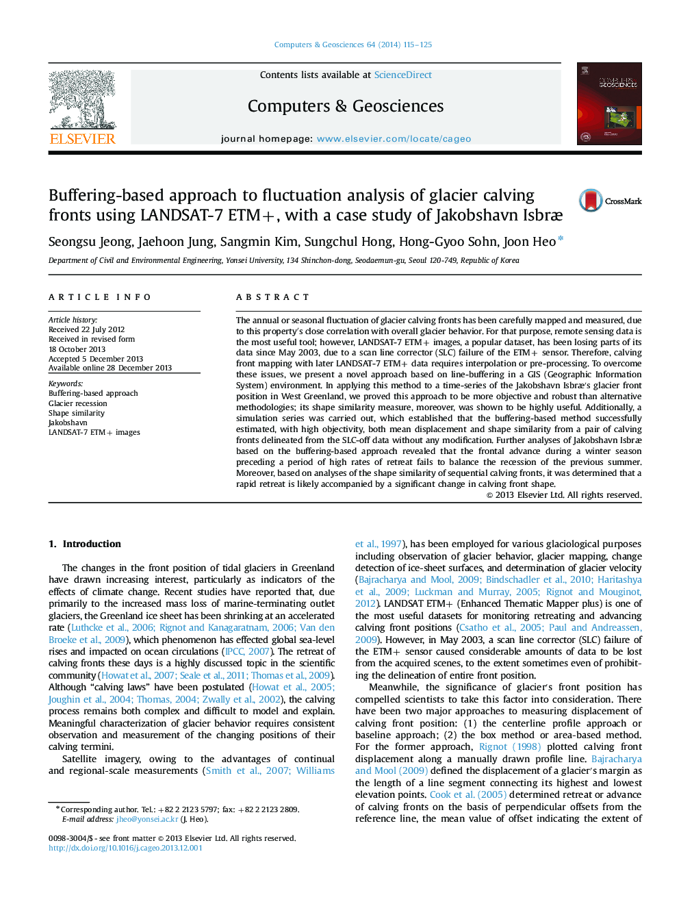 Buffering-based approach to fluctuation analysis of glacier calving fronts using LANDSAT-7 ETM+, with a case study of Jakobshavn IsbrÃ¦