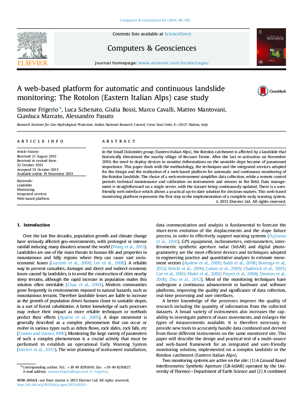 A web-based platform for automatic and continuous landslide monitoring: The Rotolon (Eastern Italian Alps) case study