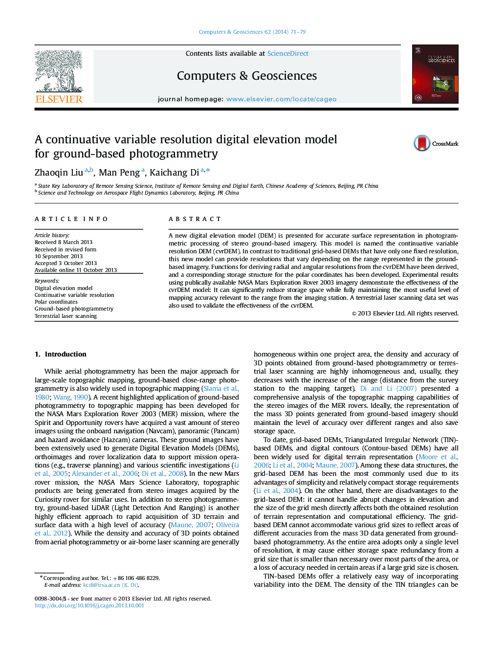 A continuative variable resolution digital elevation model for ground-based photogrammetry