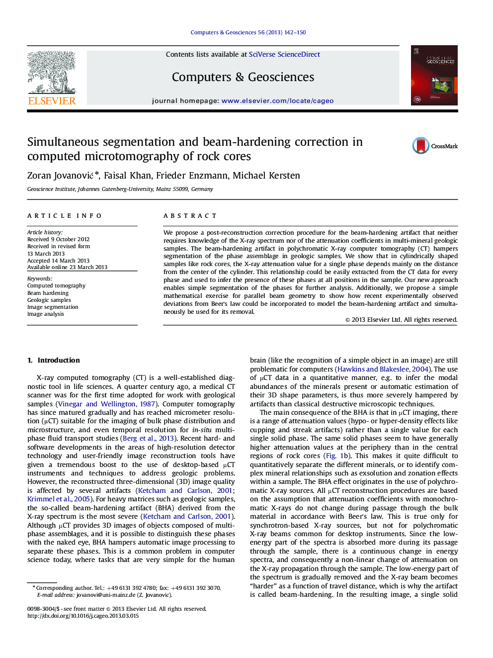 Simultaneous segmentation and beam-hardening correction in computed microtomography of rock cores