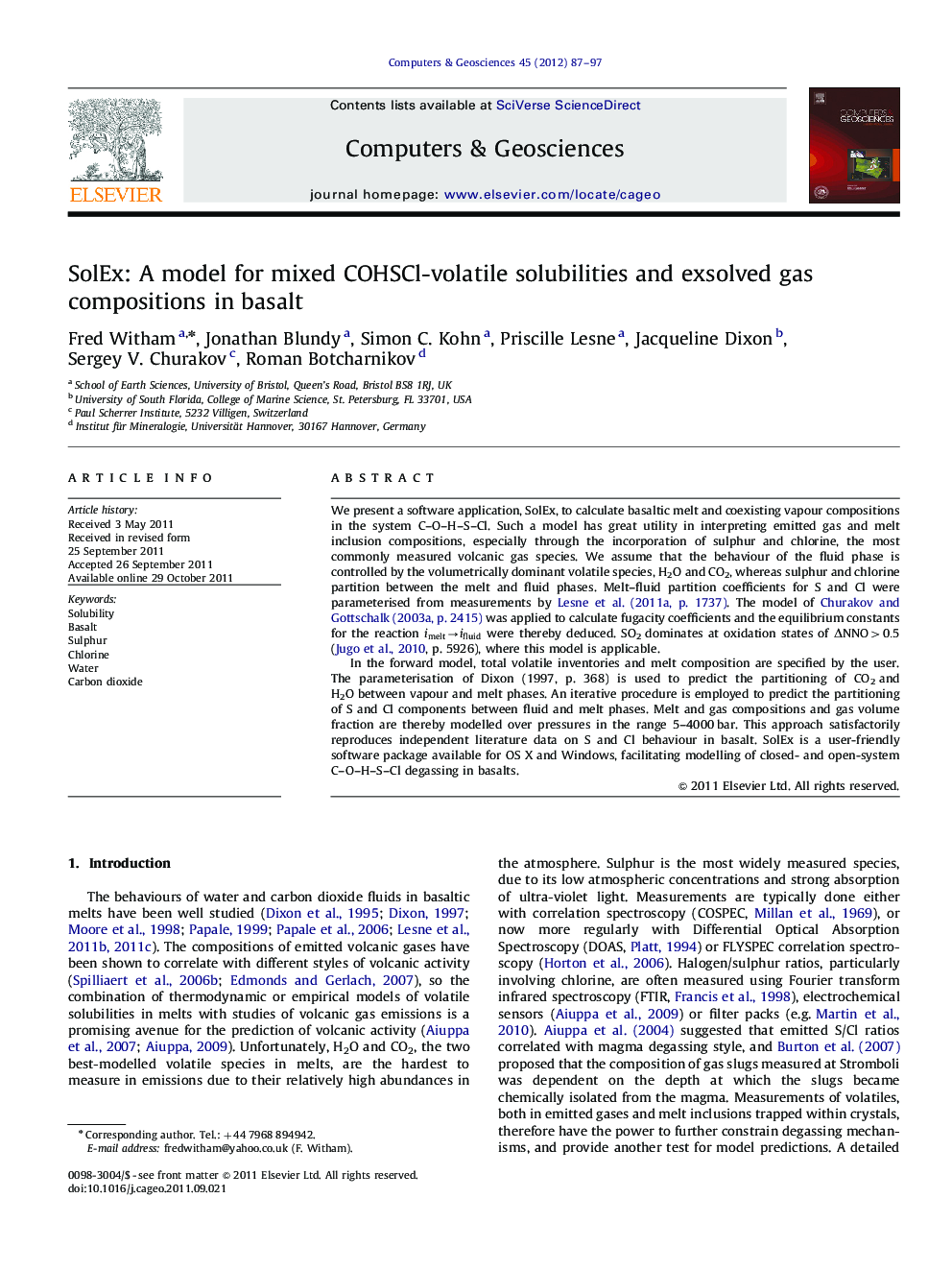 SolEx: A model for mixed COHSCl-volatile solubilities and exsolved gas compositions in basalt