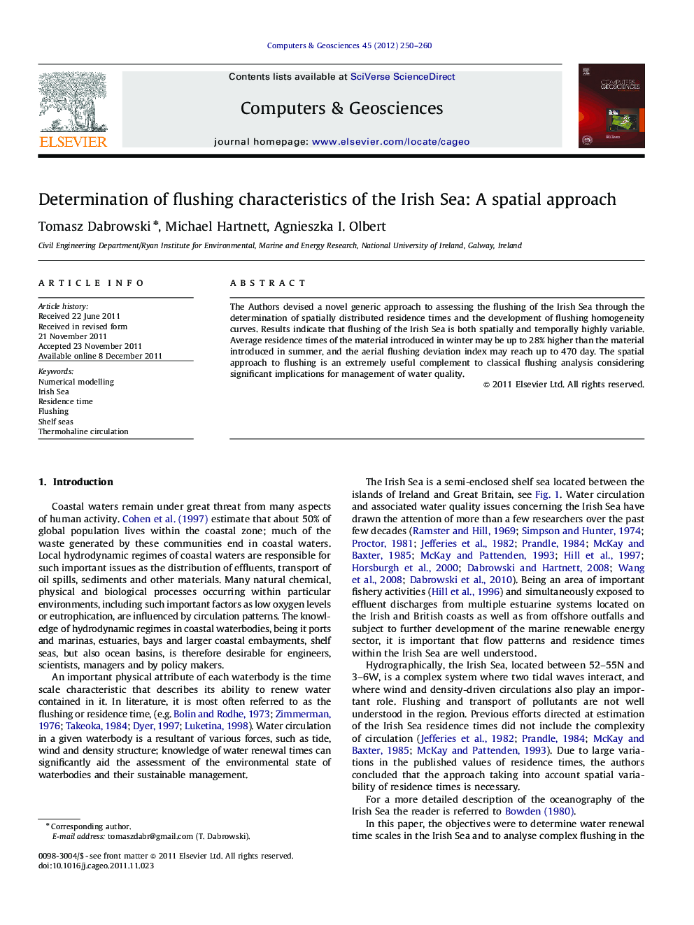 Determination of flushing characteristics of the Irish Sea: A spatial approach