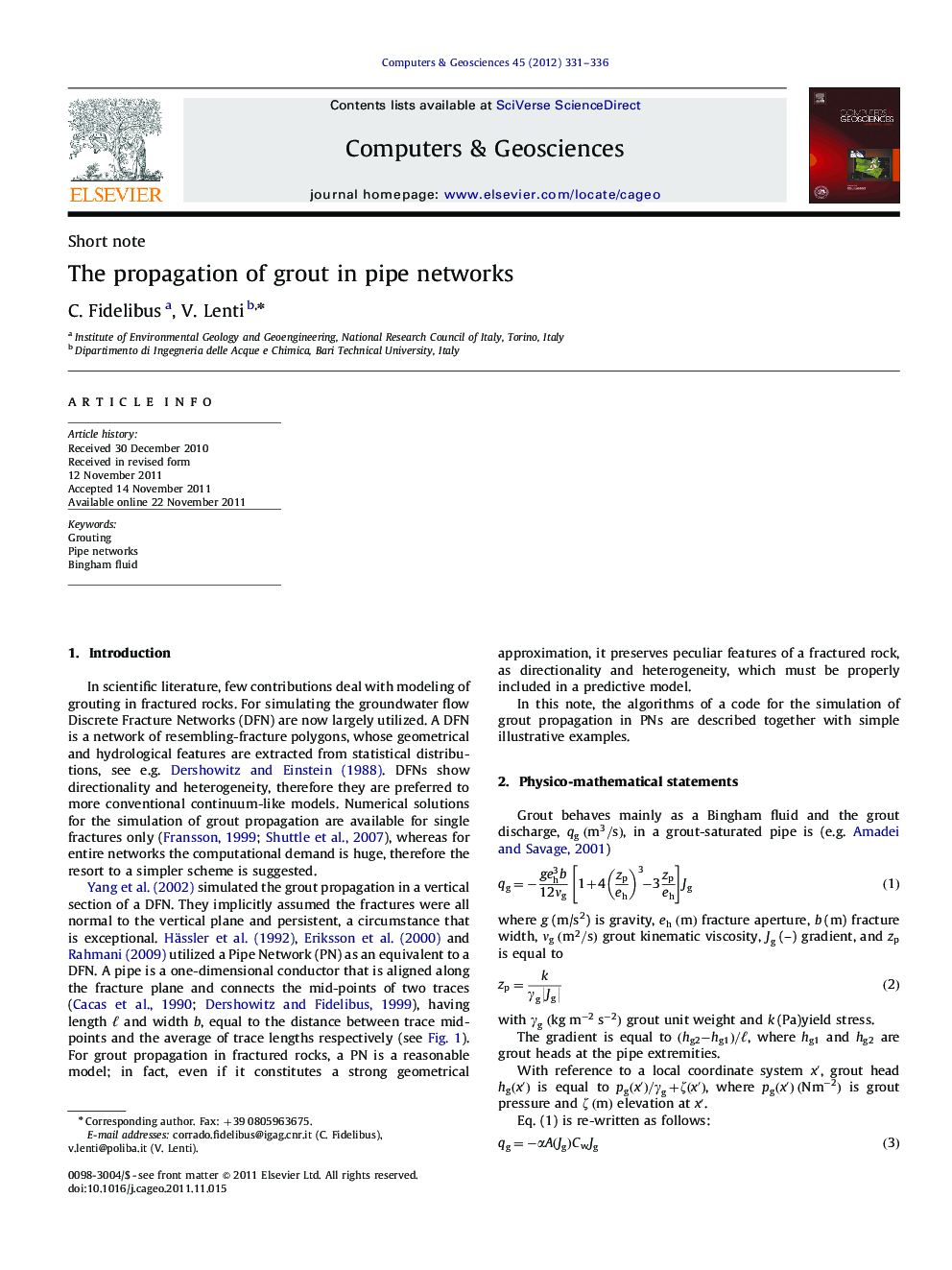 The propagation of grout in pipe networks