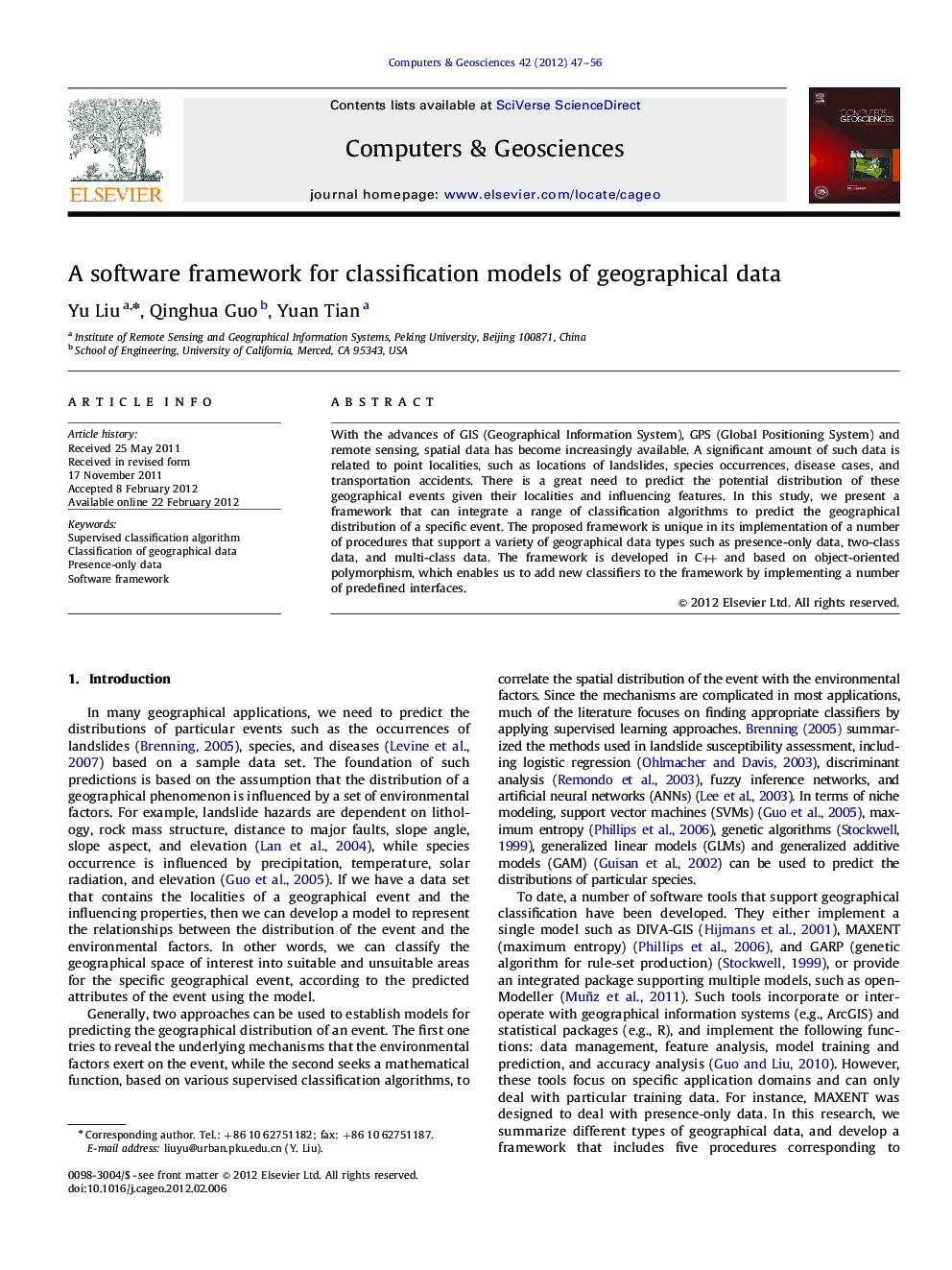 A software framework for classification models of geographical data