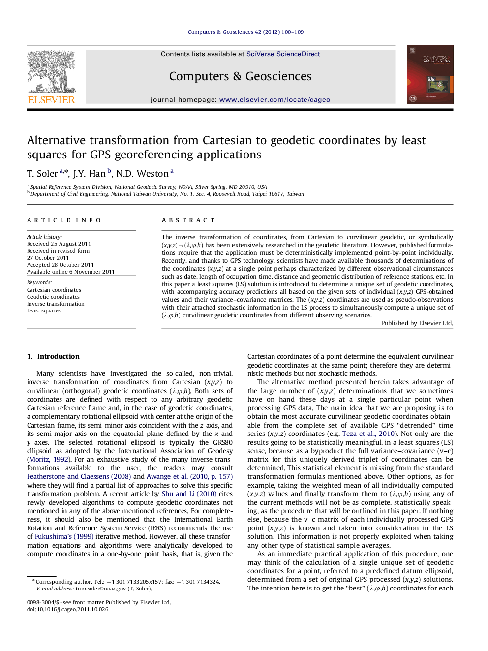 Alternative transformation from Cartesian to geodetic coordinates by least squares for GPS georeferencing applications