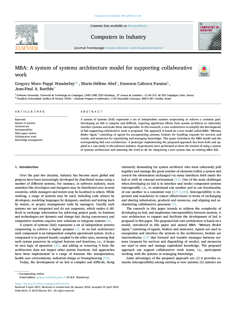 MBA: A system of systems architecture model for supporting collaborative work