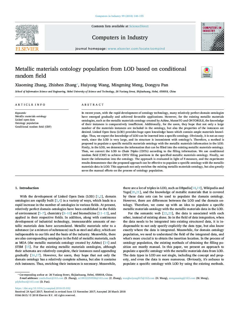 Metallic materials ontology population from LOD based on conditional random field