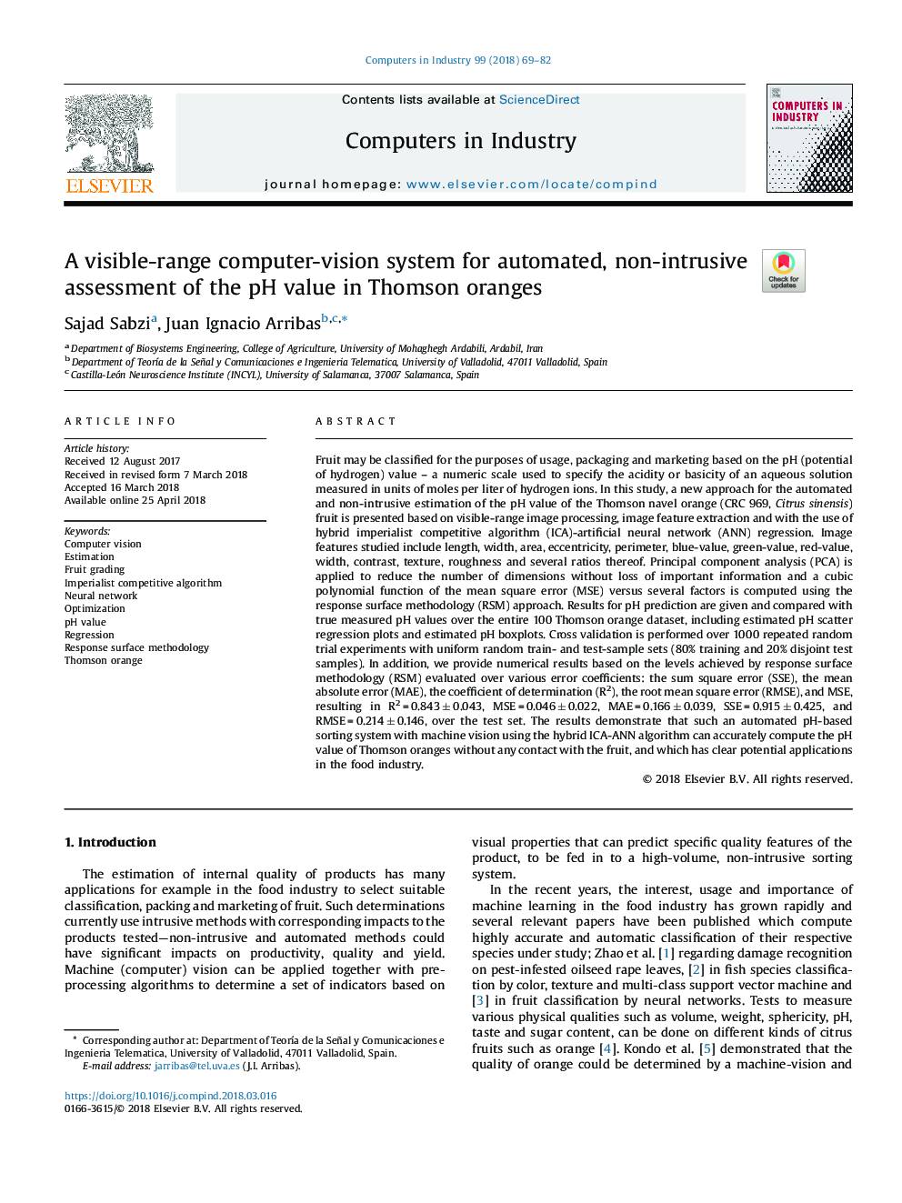عکس صفحه اول مقاله: A visible-range computer-vision system for automated, non-intrusive assessment of the pH value in Thomson oranges A visible-range computer-vision system for automated, non-intrusive assessment of the pH value in Thomson oranges