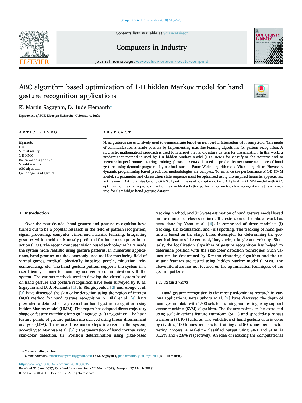 ABC algorithm based optimization of 1-D hidden Markov model for hand gesture recognition applications