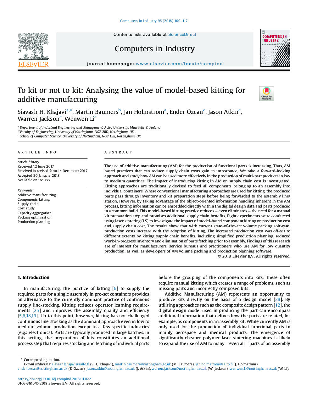 To kit or not to kit: Analysing the value of model-based kitting for additive manufacturing