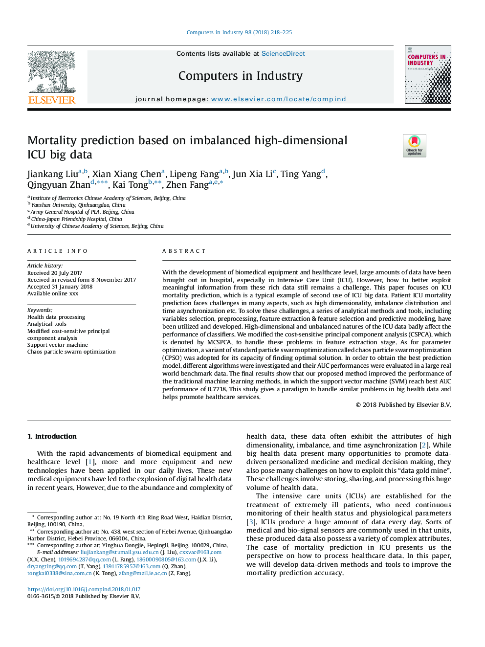 Mortality prediction based on imbalanced high-dimensional ICU big data