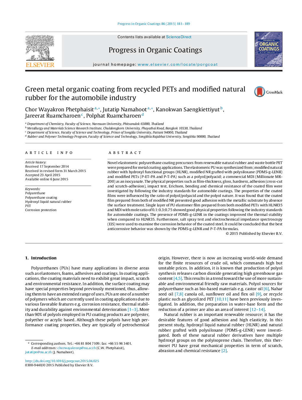 Green metal organic coating from recycled PETs and modified natural rubber for the automobile industry