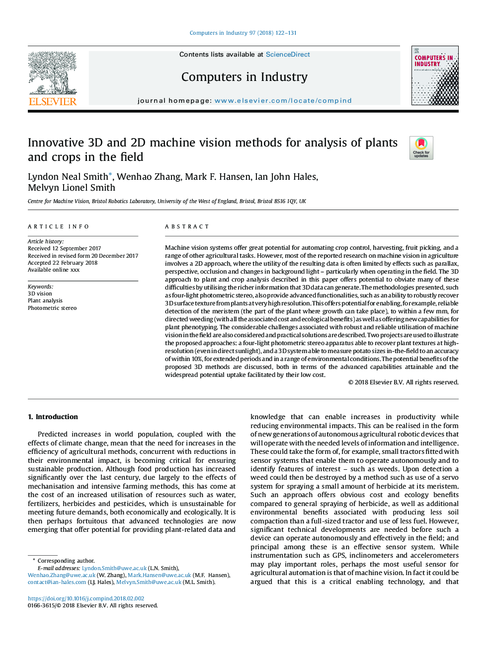 Innovative 3D and 2D machine vision methods for analysis of plants and crops in the field