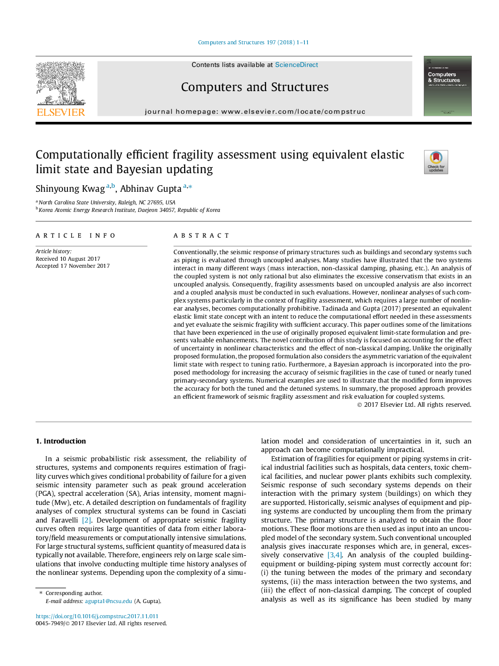 Computationally efficient fragility assessment using equivalent elastic limit state and Bayesian updating