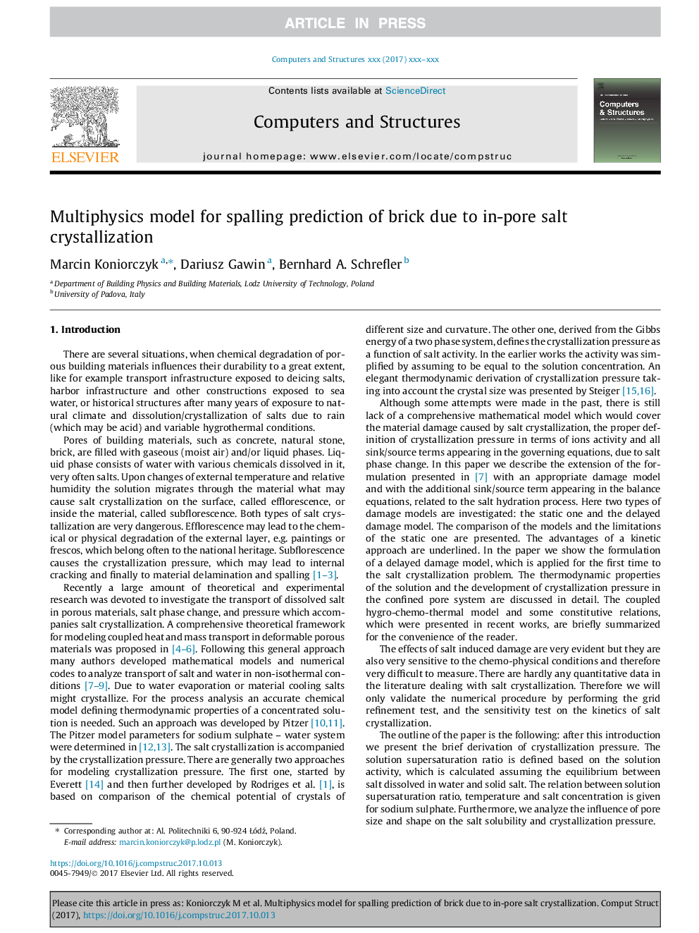 Multiphysics model for spalling prediction of brick due to in-pore salt crystallization