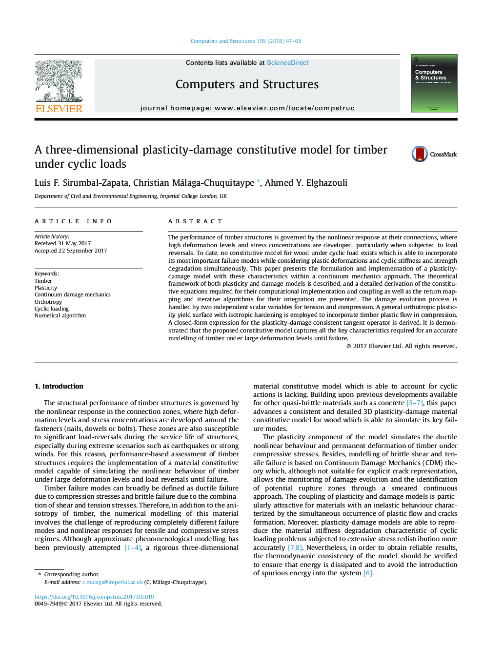 A three-dimensional plasticity-damage constitutive model for timber under cyclic loads