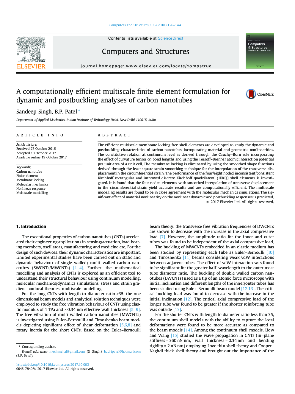 A computationally efficient multiscale finite element formulation for dynamic and postbuckling analyses of carbon nanotubes