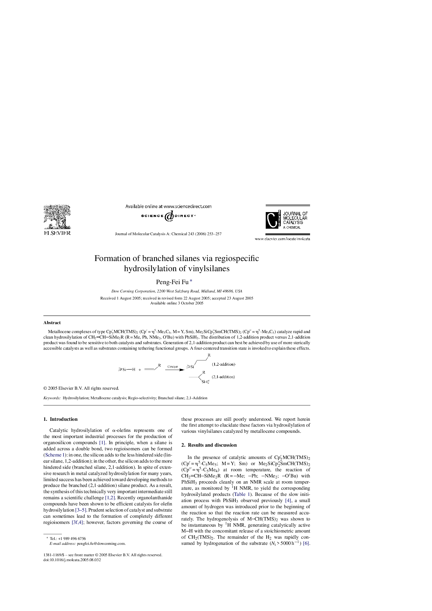 Formation of branched silanes via regiospecific hydrosilylation of vinylsilanes