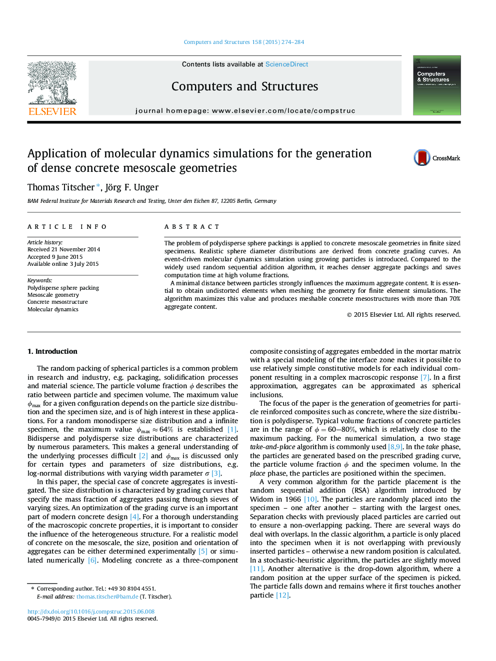 Application of molecular dynamics simulations for the generation of dense concrete mesoscale geometries