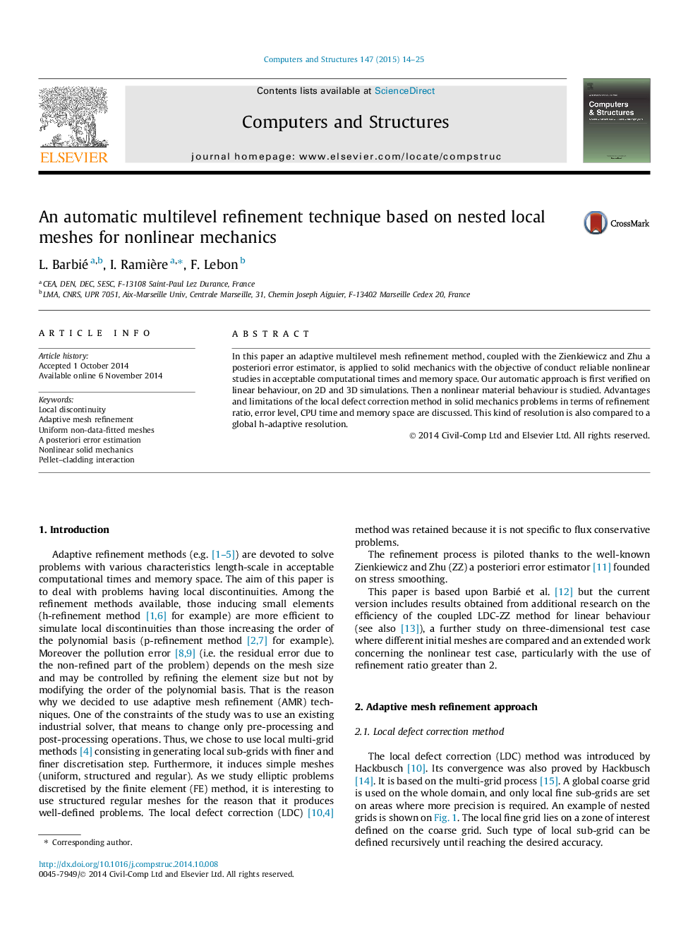 An automatic multilevel refinement technique based on nested local meshes for nonlinear mechanics