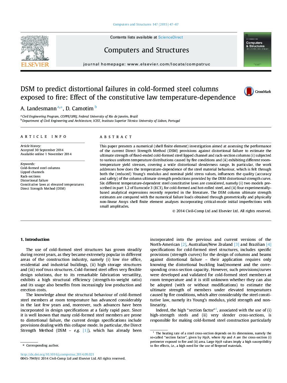 DSM to predict distortional failures in cold-formed steel columns exposed to fire: Effect of the constitutive law temperature-dependence