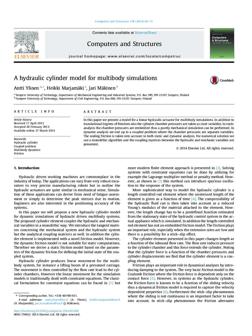 A hydraulic cylinder model for multibody simulations