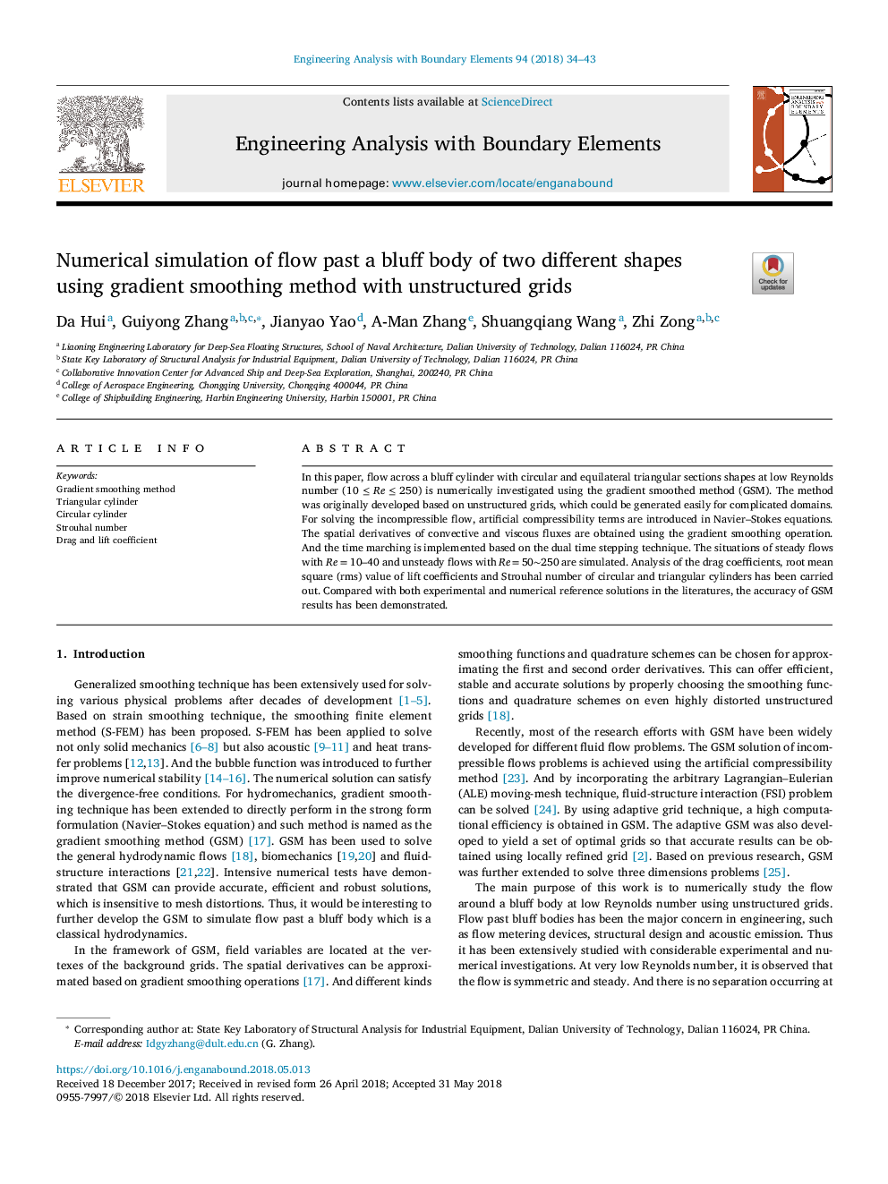 Numerical simulation of flow past a bluff body of two different shapes using gradient smoothing method with unstructured grids