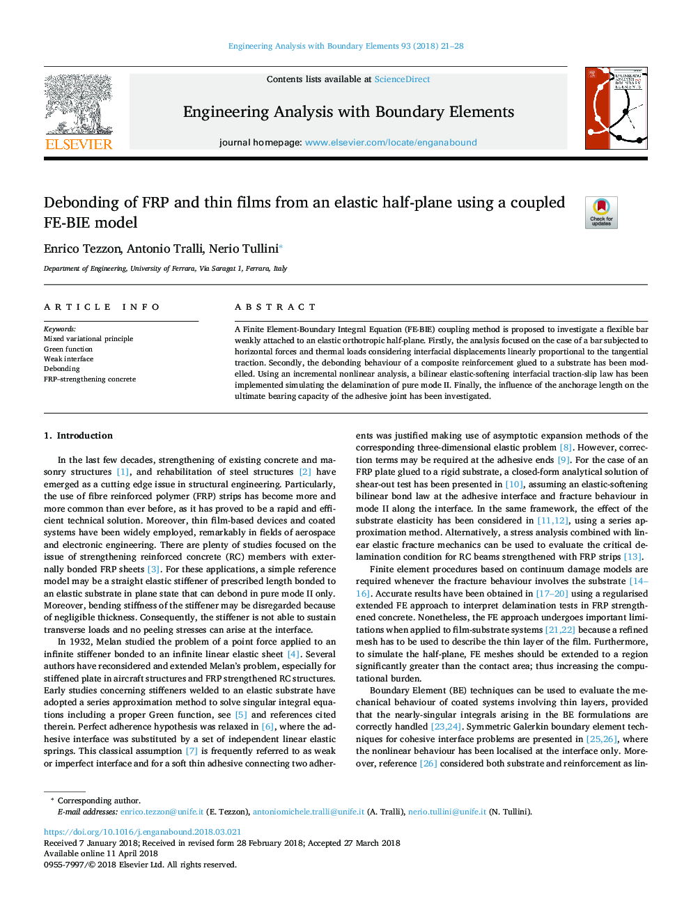 Debonding of FRP and thin films from an elastic half-plane using a coupled FE-BIE model