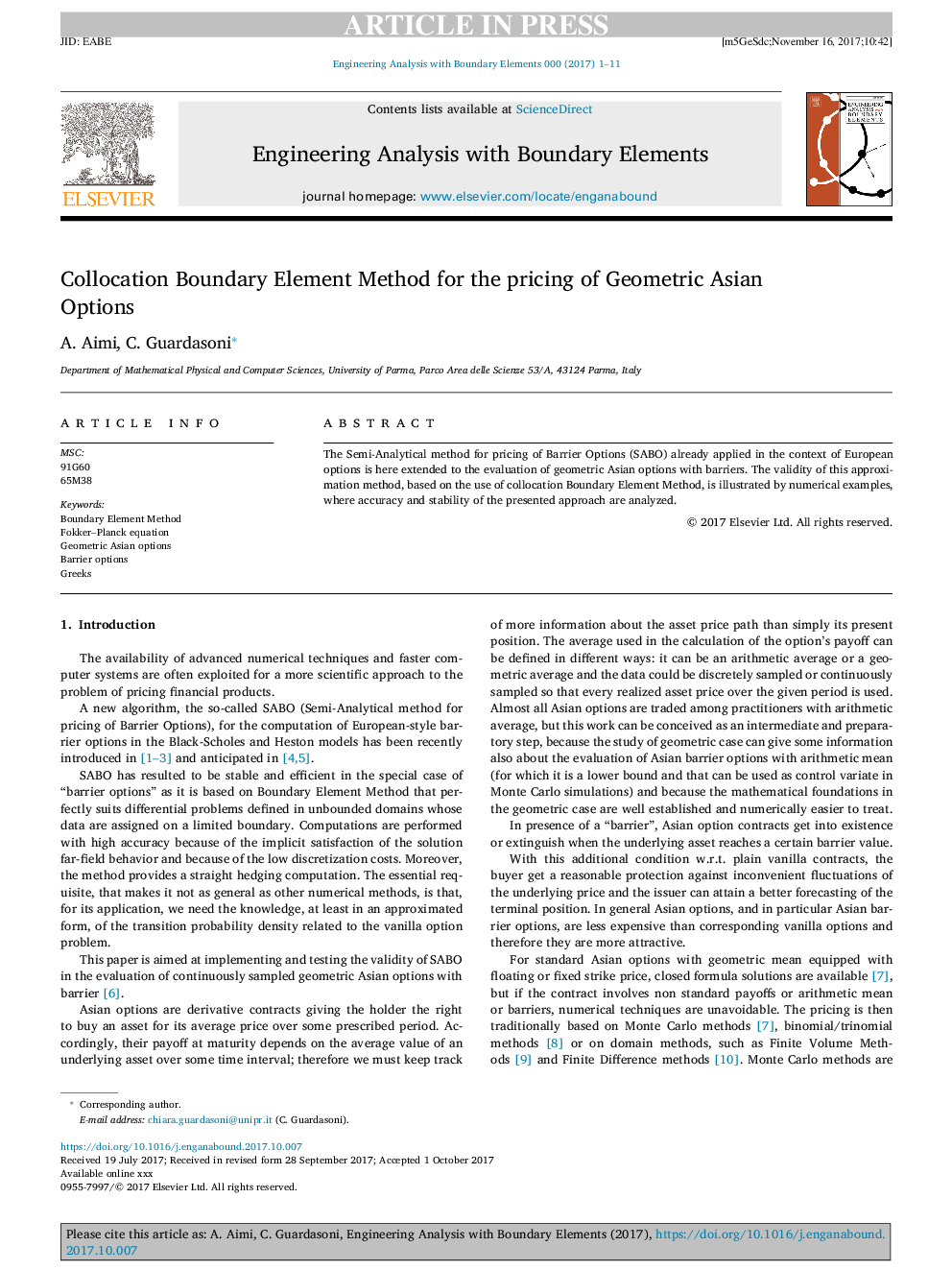 Collocation Boundary Element Method for the pricing of Geometric Asian Options