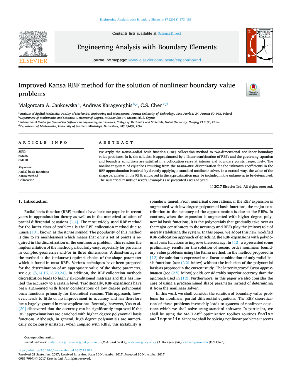 Improved Kansa RBF method for the solution of nonlinear boundary value problems