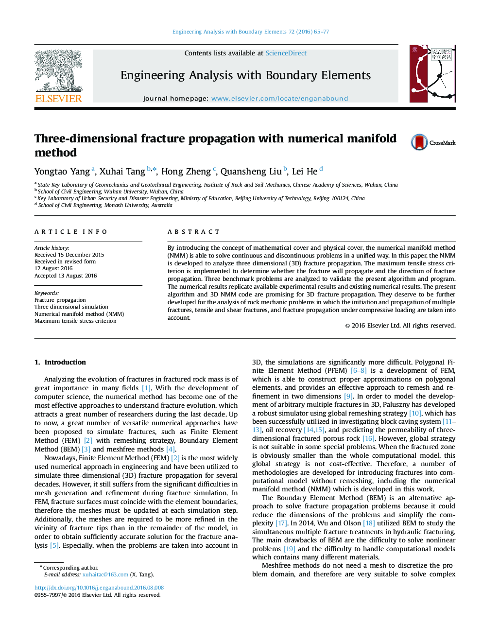 Three-dimensional fracture propagation with numerical manifold method