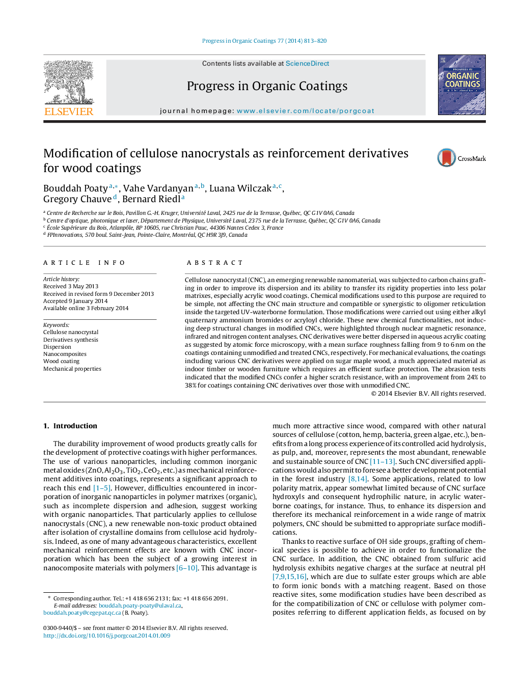 Modification of cellulose nanocrystals as reinforcement derivatives for wood coatings