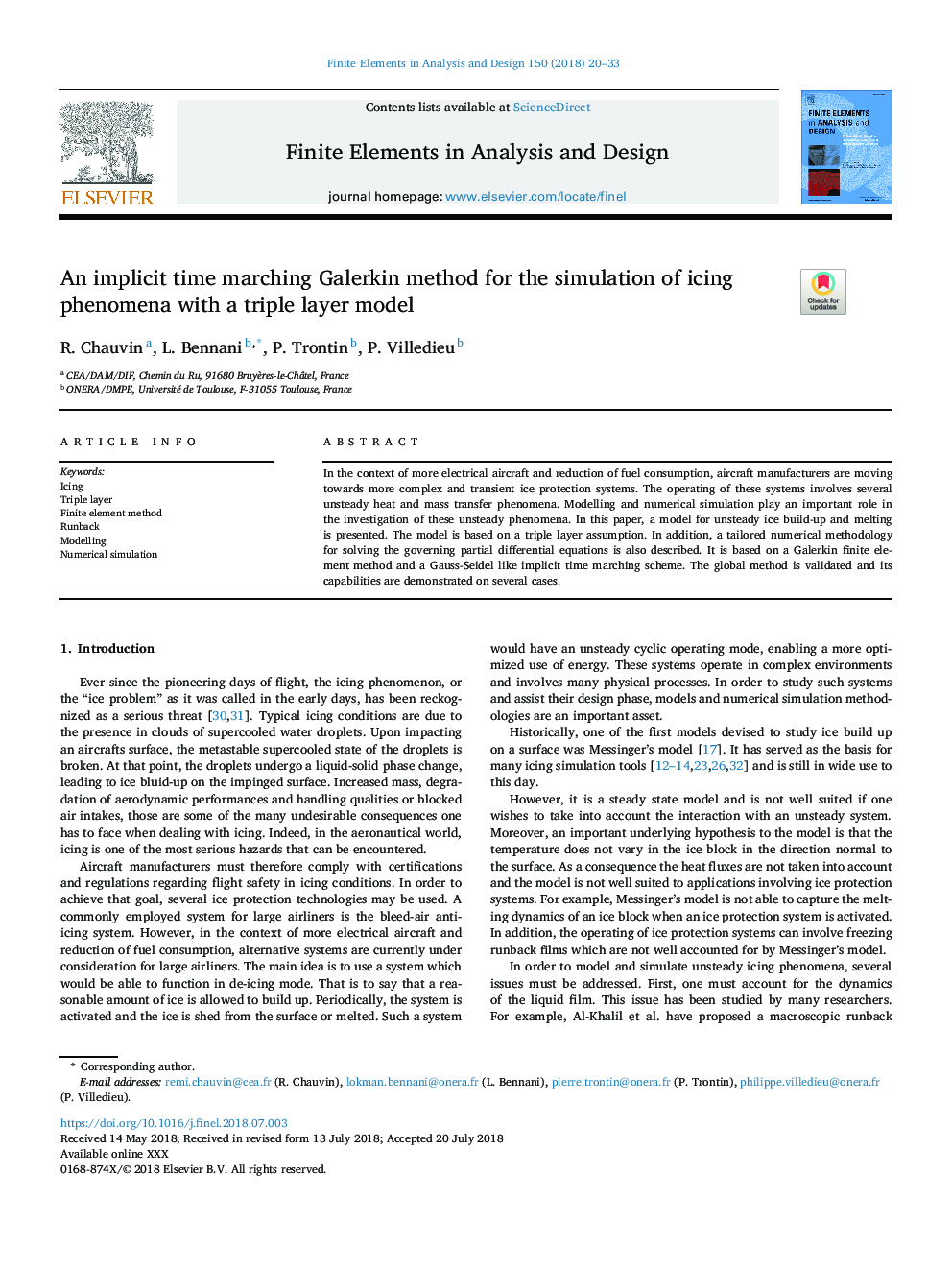 An implicit time marching Galerkin method for the simulation of icing phenomena with a triple layer model