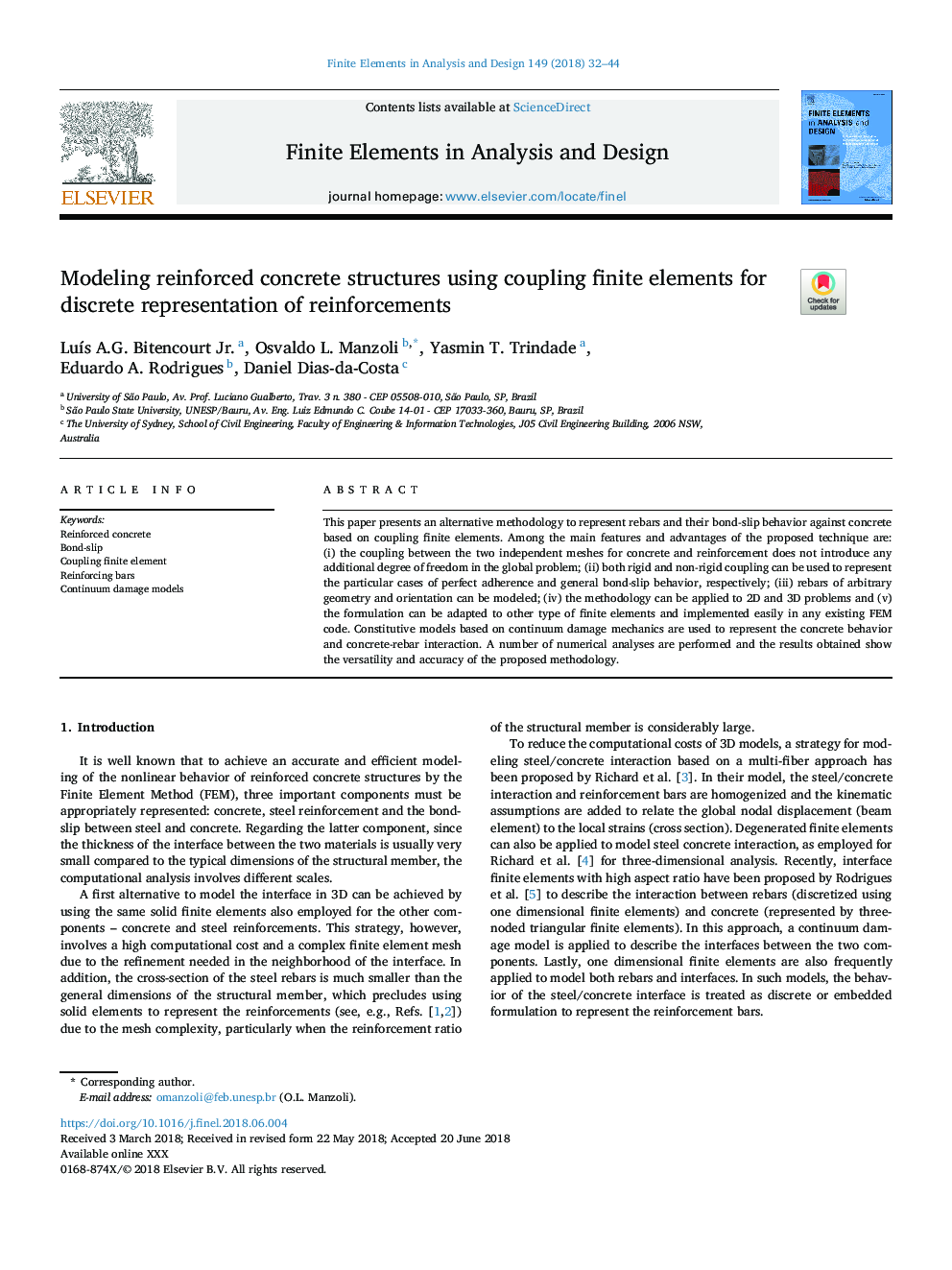 Modeling reinforced concrete structures using coupling finite elements for discrete representation of reinforcements