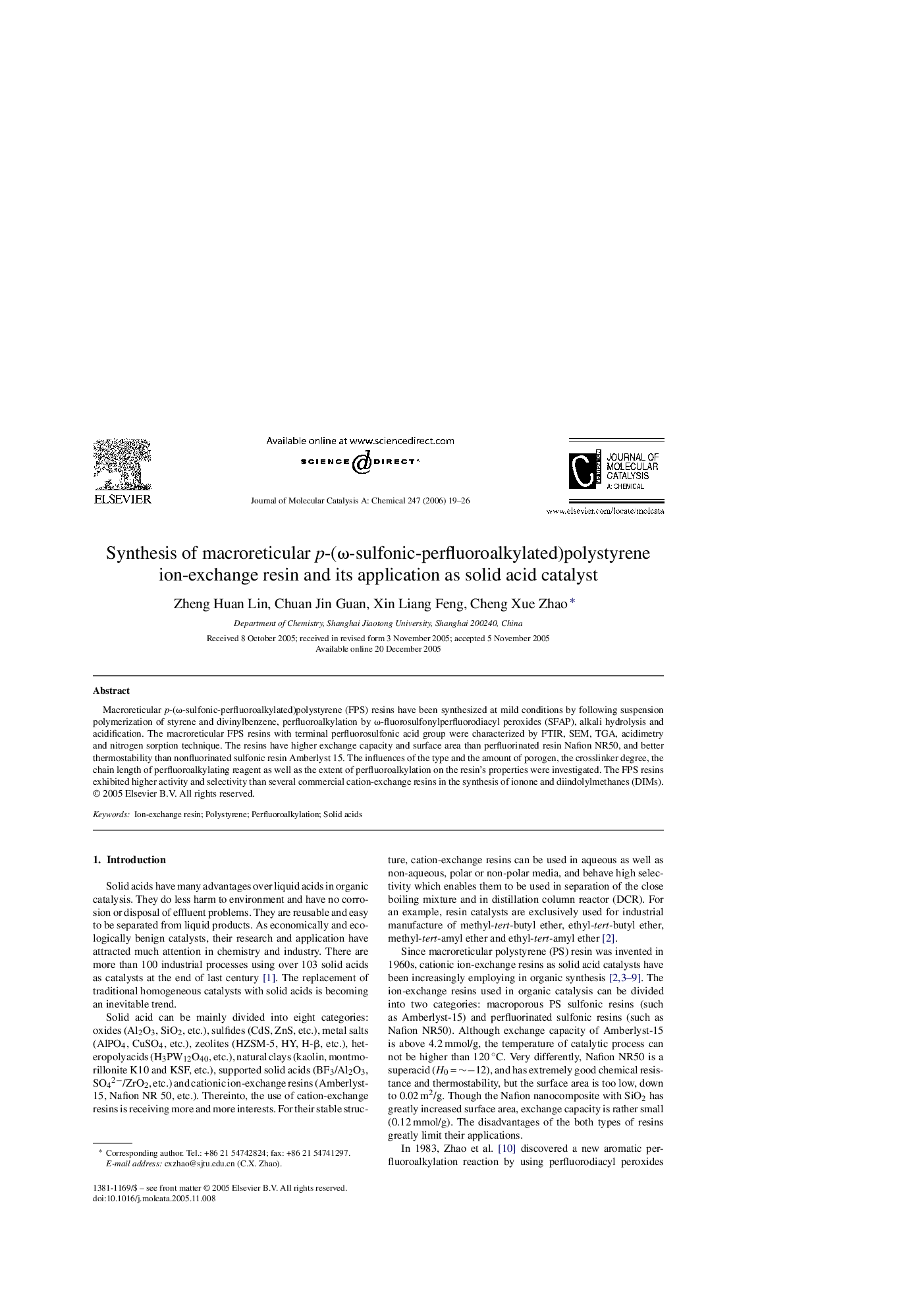 Synthesis of macroreticular p-(ω-sulfonic-perfluoroalkylated)polystyrene ion-exchange resin and its application as solid acid catalyst