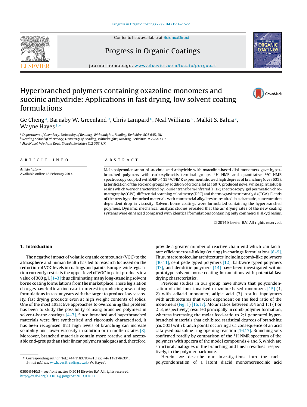 Hyperbranched polymers containing oxazoline monomers and succinic anhydride: Applications in fast drying, low solvent coating formulations