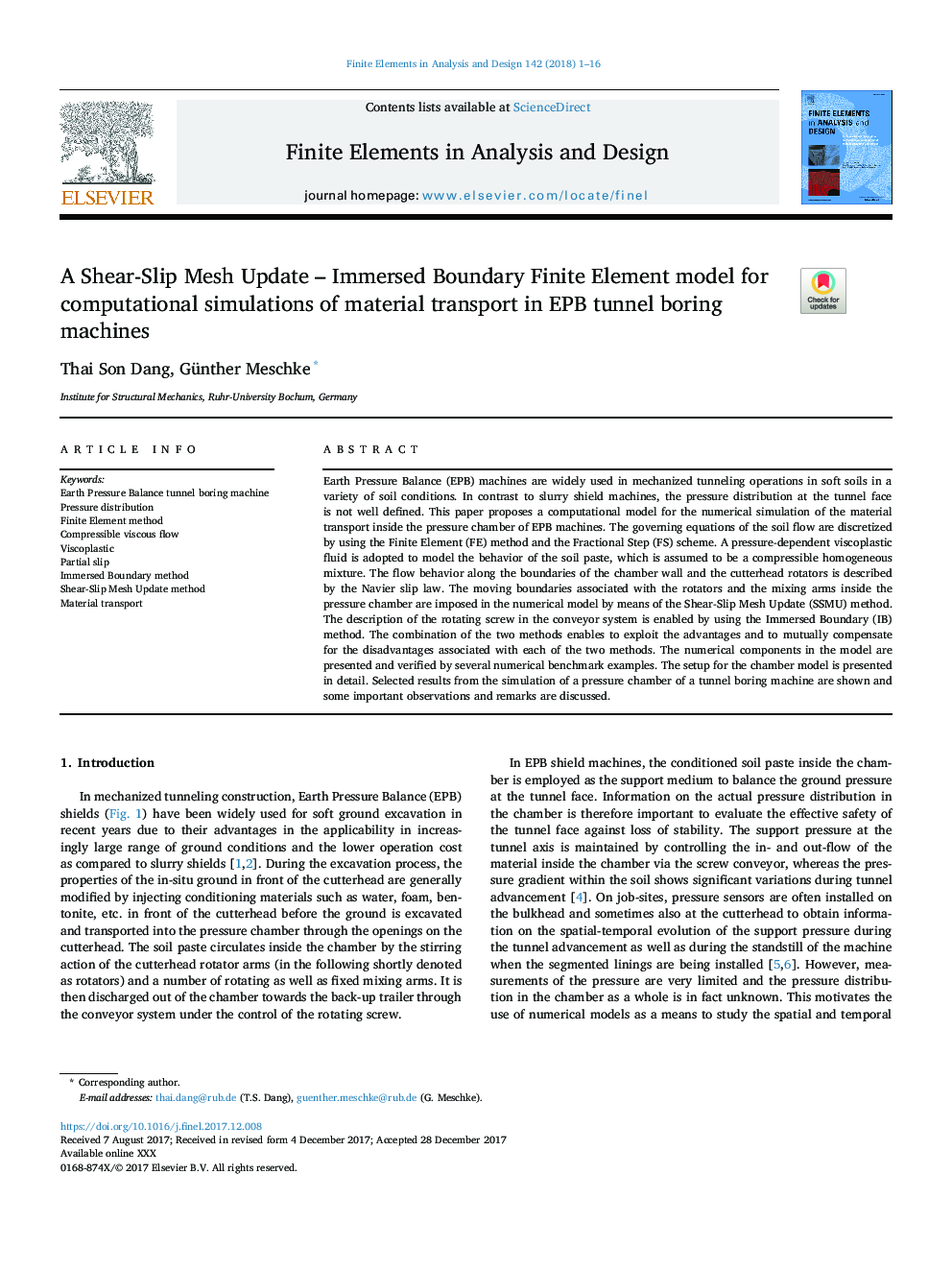 A Shear-Slip Mesh Update - Immersed Boundary Finite Element model for computational simulations of material transport in EPB tunnel boring machines