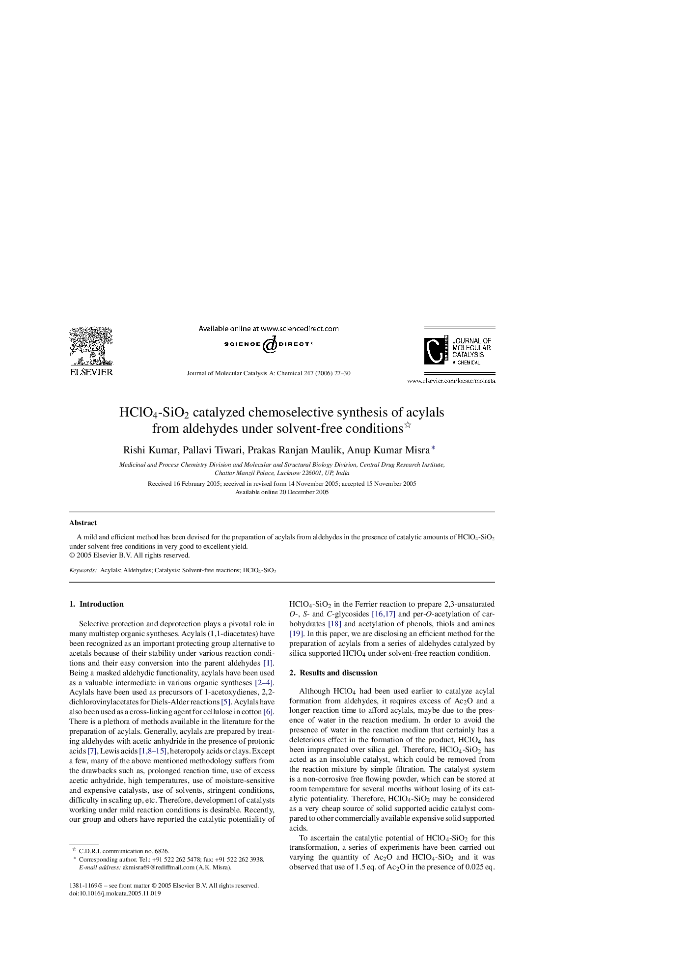 HClO4-SiO2 catalyzed chemoselective synthesis of acylals from aldehydes under solvent-free conditions 