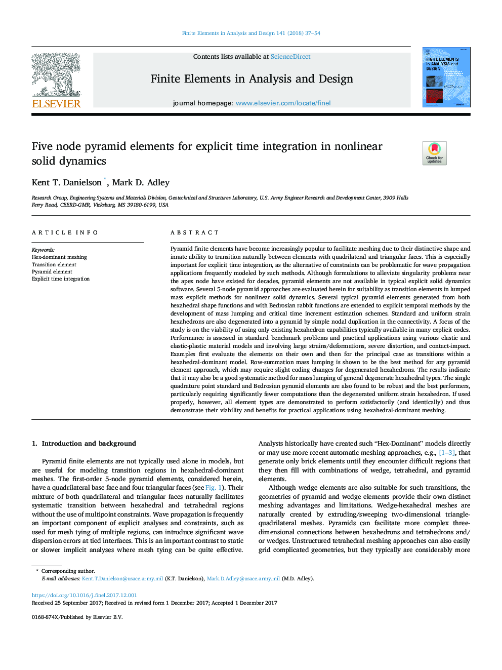 Five node pyramid elements for explicit time integration in nonlinear solid dynamics